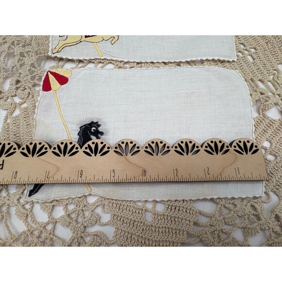 MCM 2 Madeira Linen Cocktail Napkins Carousel Horses Appliqued Circus - Picture 5 of 8